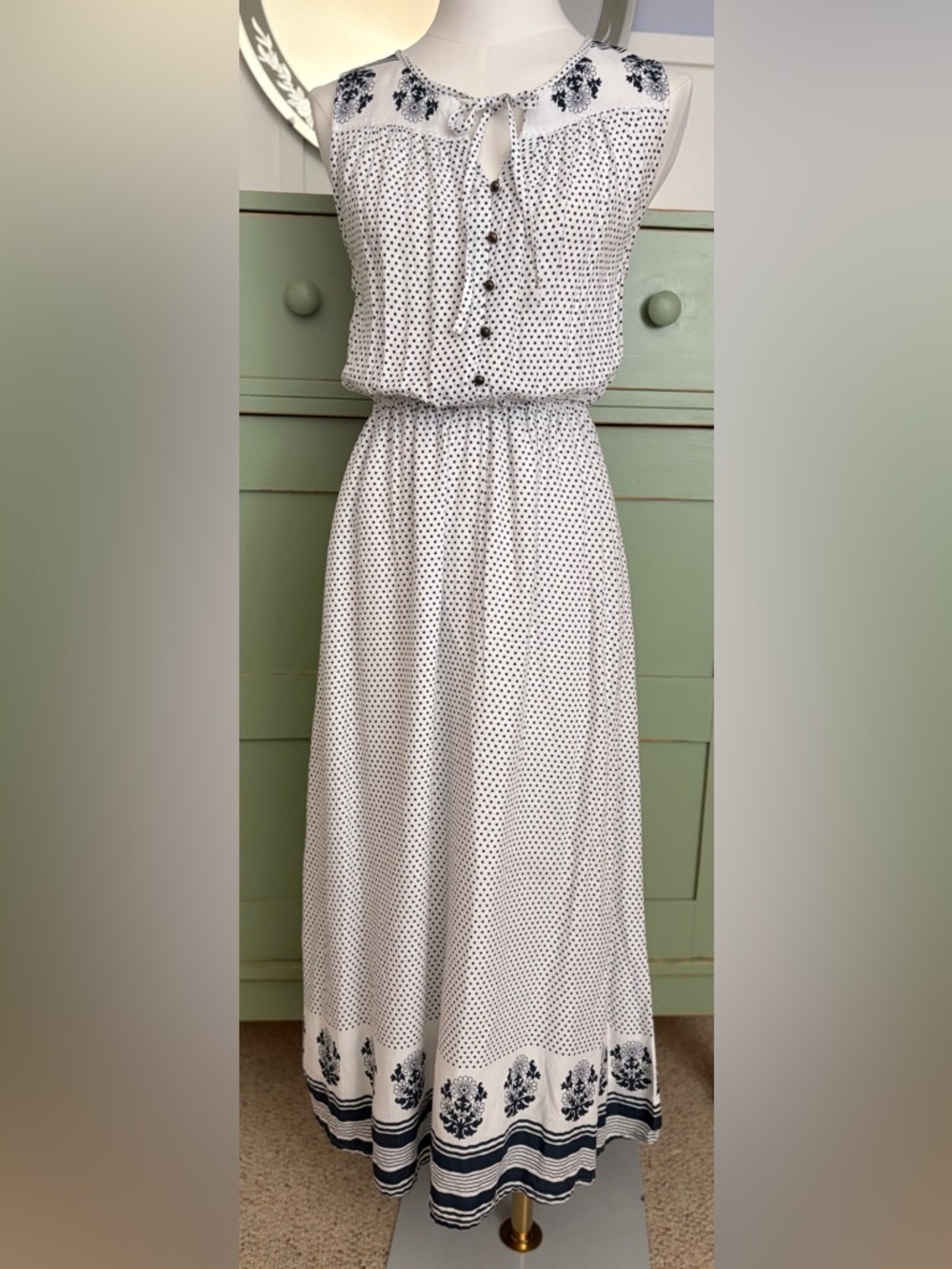 Lucky Brand Peasant-Style Polka-Dot Dress w Decorative Border & Elastic Waist(S)